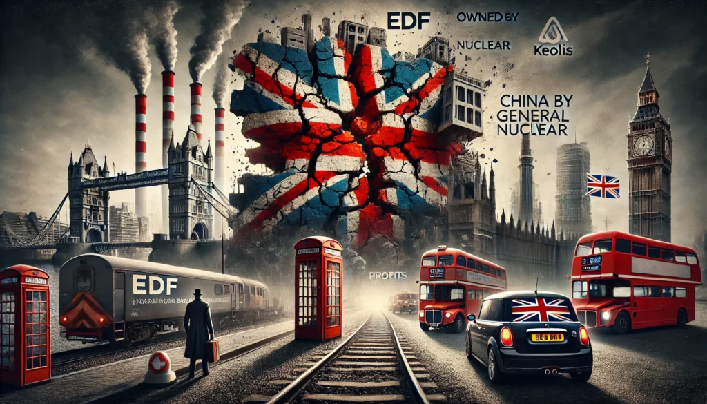 A dystopian representation of Britain’s privatisation, featuring iconic British landmarks like Tower Bridge and Big Ben overshadowed by foreign-owned industries. The Union Jack is cracked and fractured at the center, surrounded by red double-decker buses, telephone booths, and a train labeled “EDF.” Smoke billows from industrial chimneys, and the words “Owned by Keolis” and “China by General Nuclear” highlight foreign control.