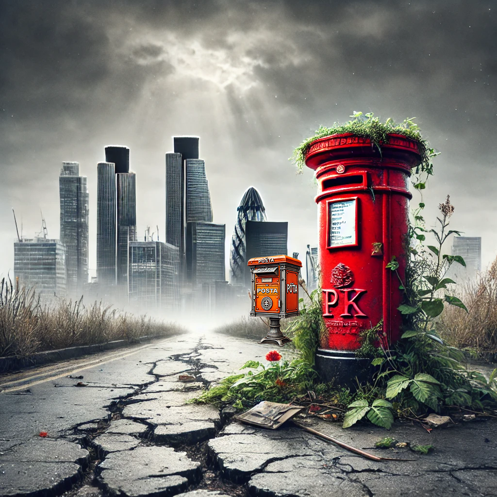 A dystopian scene featuring a traditional British red Royal Mail postbox overgrown with plants, alongside a modern orange Czechoslovakian-style mailbox on a solid metal base, set against a cracked road and a foggy urban skyline with futuristic skyscrapers.