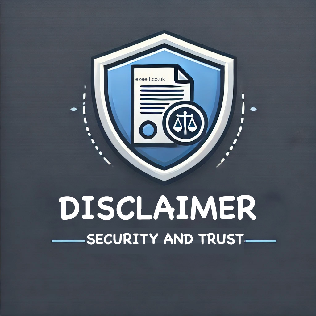 Graphic of a Disclaimer logo featuring a shield symbol with a document icon and scales of justice, representing security, trust, and legal clarity.