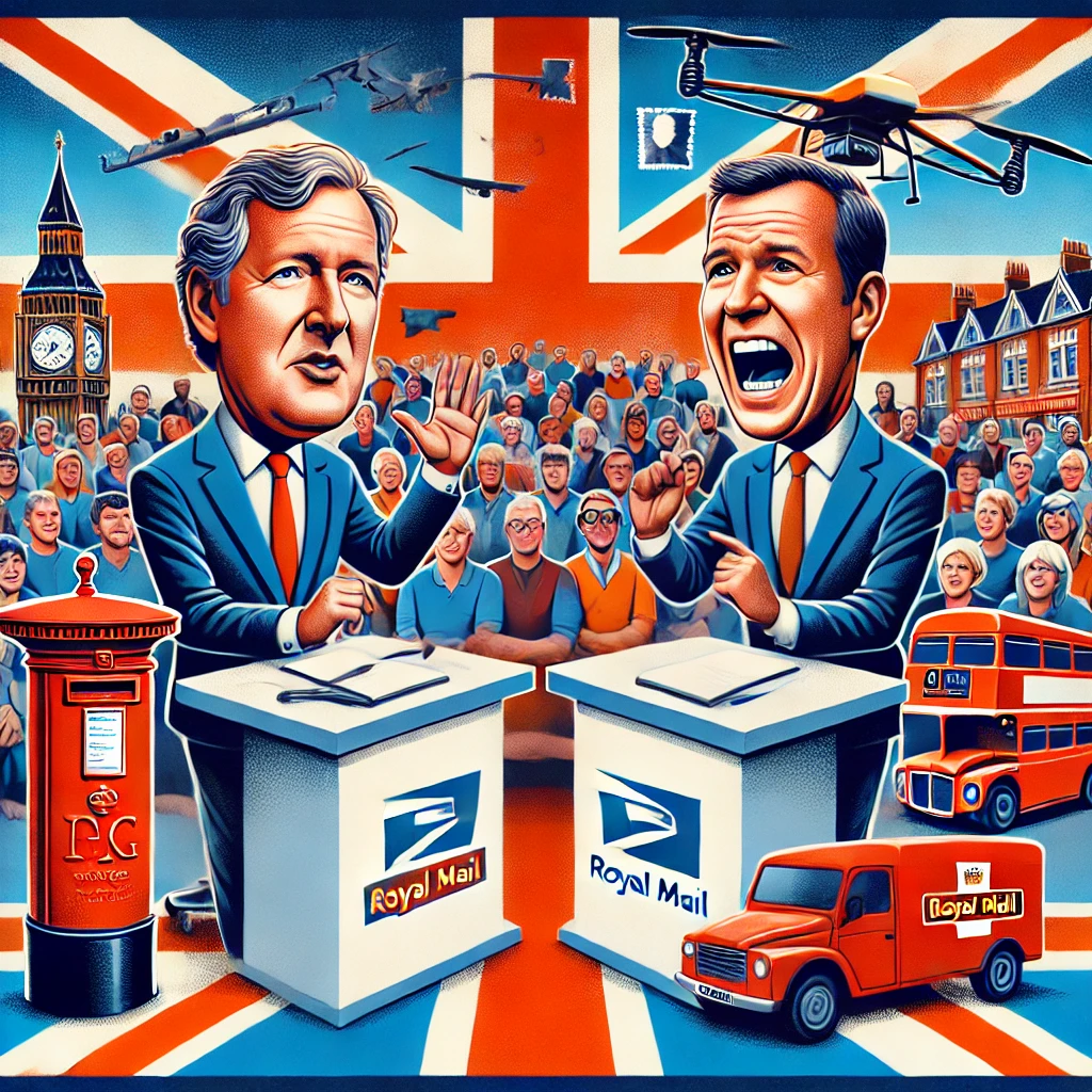 A lively illustration of two debaters at podiums arguing about the future of the Royal Mail, set against a backdrop of a Union Jack, with a red postbox, Royal Mail vehicles, and a crowd of spectators.