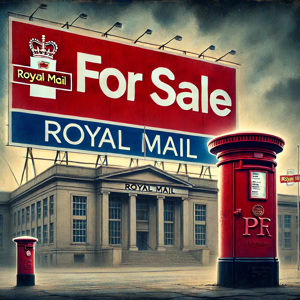 A dramatic illustration of the Royal Mail headquarters with a large "For Sale" sign above it, alongside a classic red postbox, symbolising privatisation.