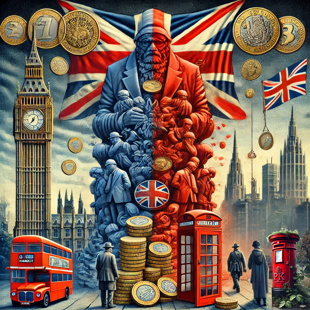 This illustration uncompromisingly portrays the economic consequences of privatisation in Britain. It features iconic symbols such as Big Ben, red phone booths, and the Union Jack being metaphorically sold off, with a foreground filled with coins and banknotes. The scene starkly contrasts a thriving economy on one side with decline and inequality on the other.