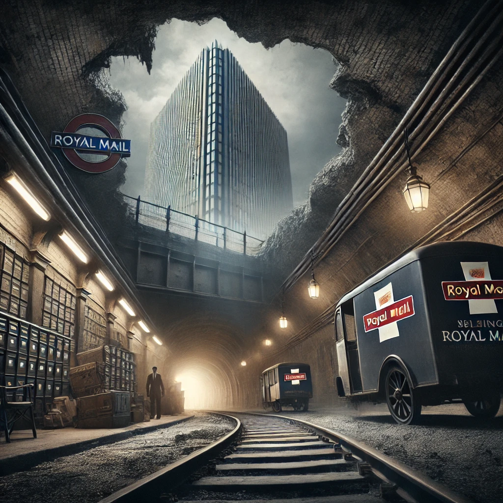 An underground railway tunnel featuring dim lighting, vintage postal carts, and tracks that symbolize Whitehall’s secret railway. Above, a corporate skyscraper casts shadows through cracks in the ground, emphasizing the tension between British heritage and foreign ownership.