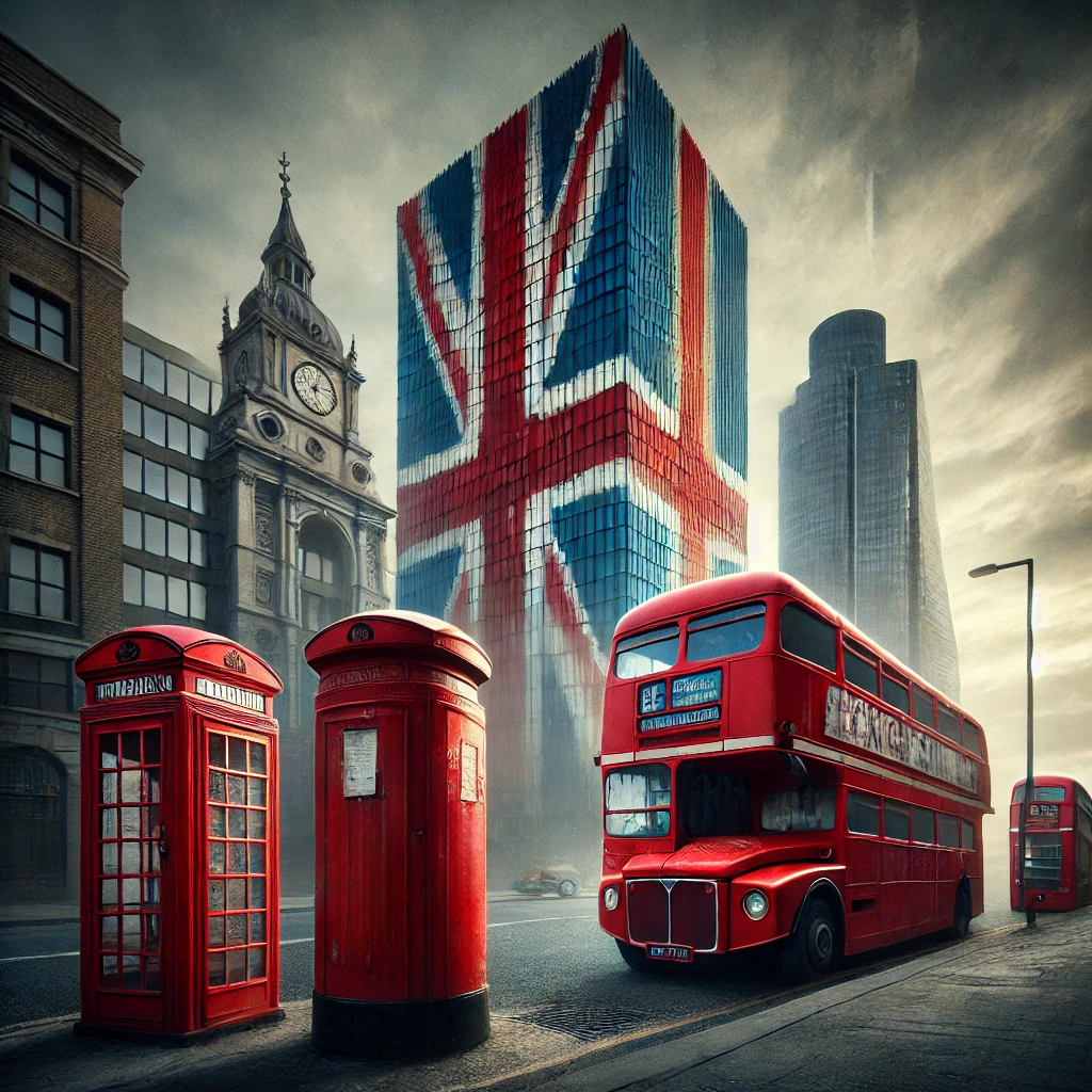 This is a visually striking scene showcasing British cultural icons: a red double-decker bus, a red telephone booth, and a red postbox. A modern skyscraper with a Union Jack facade looms in the background, symbolising the tension between tradition and modernity.