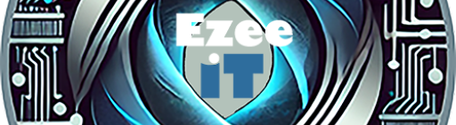 A futuristic circular logo featuring intertwined metallic loops with glowing blue accents, surrounded by intricate circuit board patterns, and the text ‘Ezee IT’ in the center.