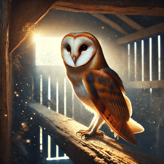 Home! Sweet Home! A beautiful barn owl with a heart-shaped face and golden-brown feathers perched on a wooden beam inside a rustic barn, illuminated by soft sunlight streaming through the walls.