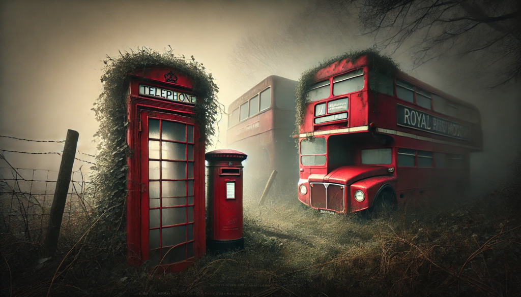 An abandoned red British telephone box and post box in a foggy, overgrown field symbolise the decline of Britain's Identity Crisis and Britain's cultural icons.